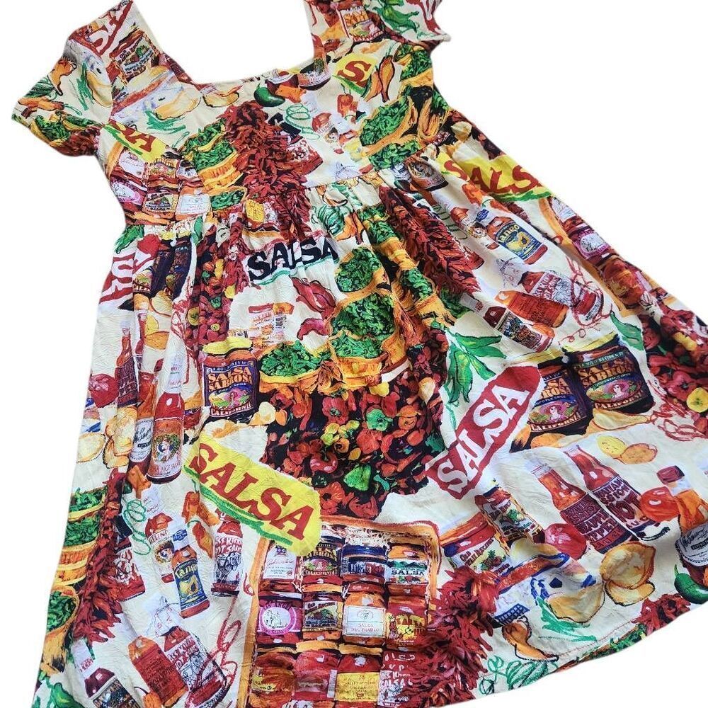 Vintage Jams World Dress Medium Food Art Salsa Print Hawaiian‎ Rayon